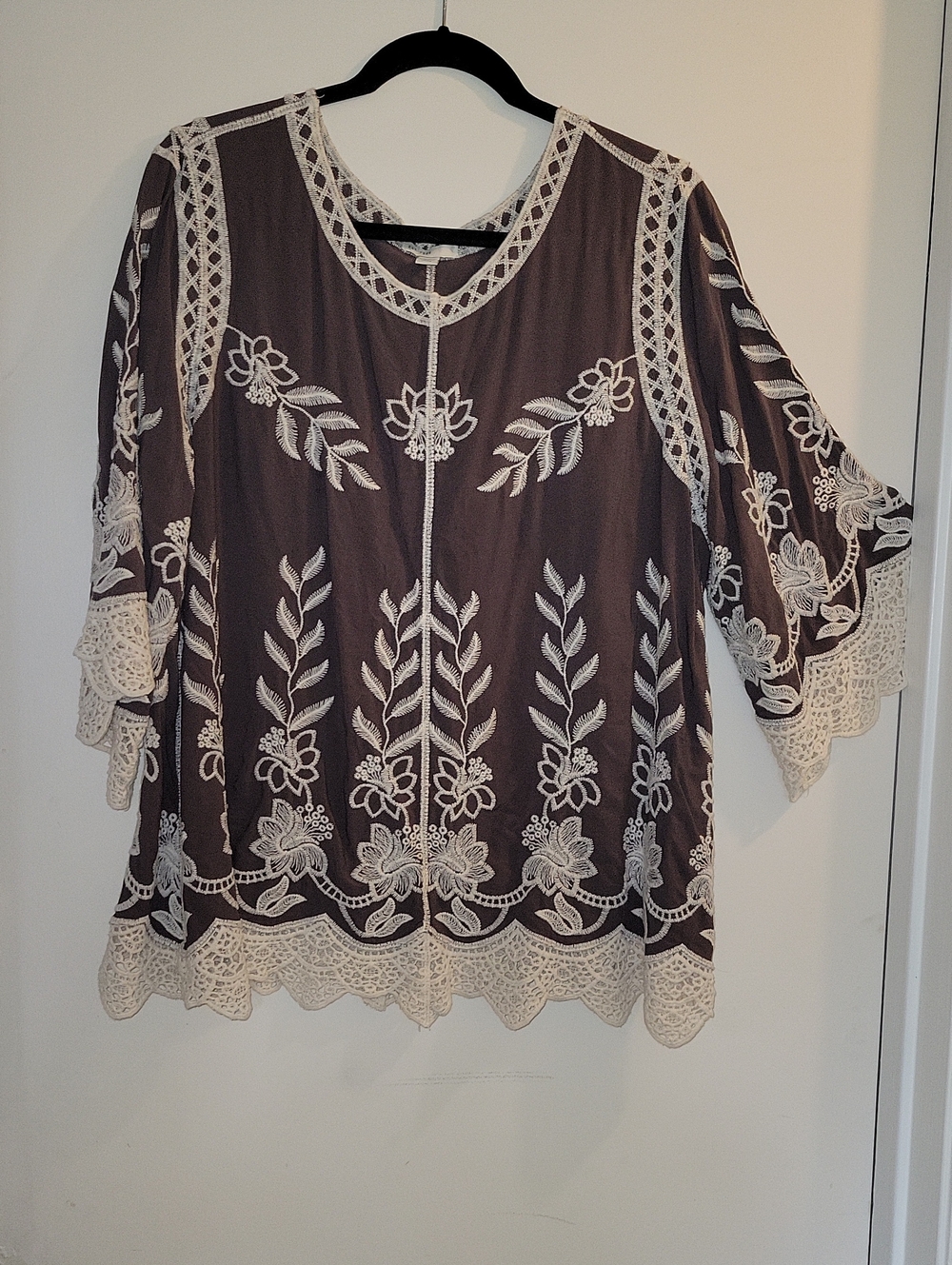 Embroidered Gray and Cream Women's Peasant Top